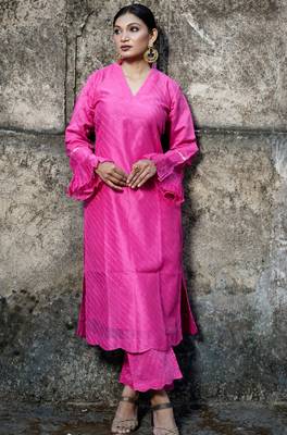 Pink cotton silk woven kurta set 1