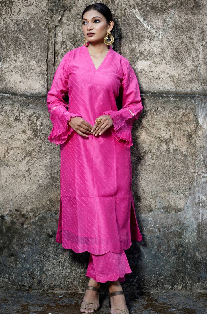 Pink cotton silk woven kurta set