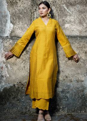 Mustard cotton silk woven kurta set 1