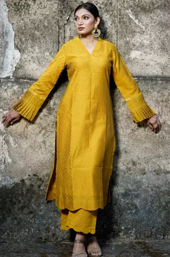 Mustard cotton silk woven kurta set