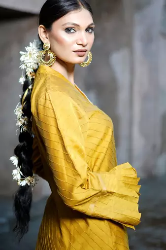 Mustard cotton silk woven kurta set