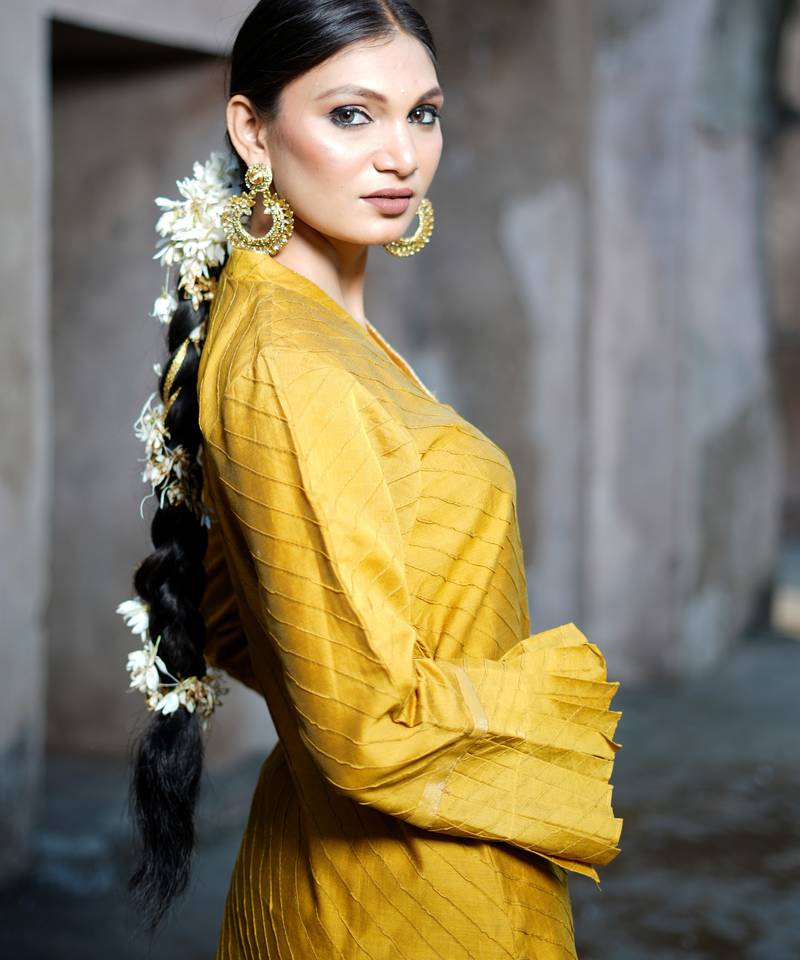 Mustard cotton silk woven kurta set