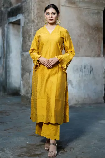Mustard cotton silk woven kurta set