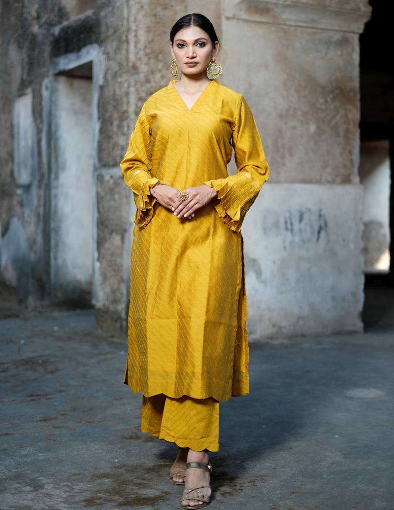 Mustard cotton silk woven kurta set