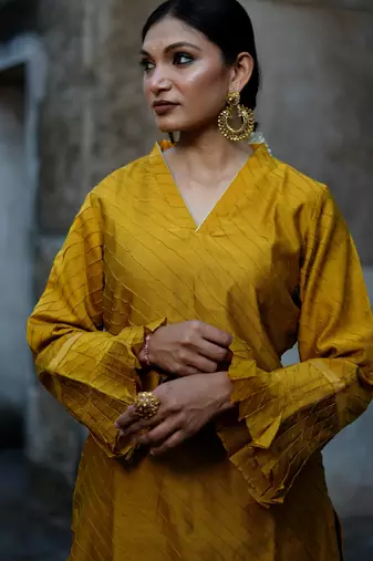 Mustard cotton silk woven kurta set
