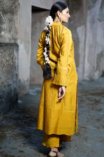 Mustard cotton silk woven kurta set