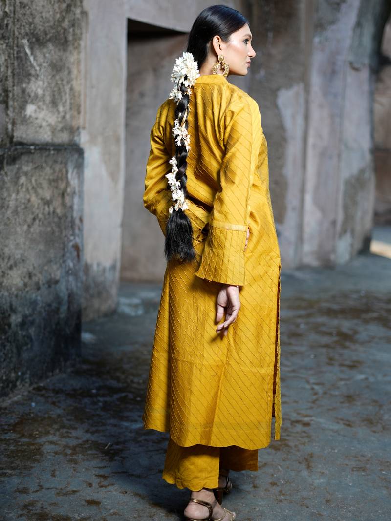 Mustard cotton silk woven kurta set