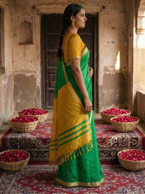 Green cotton solid saree with blouse 4