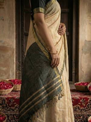 Beige color cotton solid saree with blouse 2