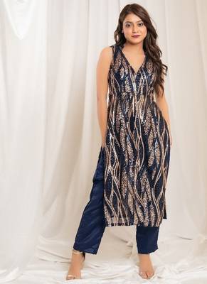 Celestial navy blue pants indo-western set 1