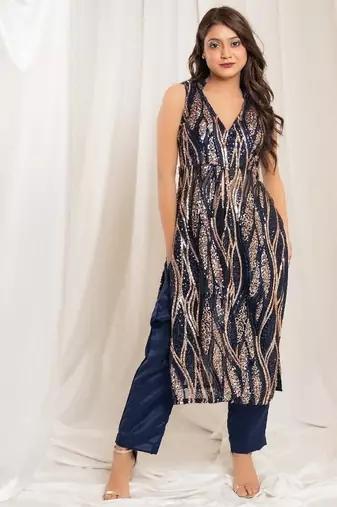 Celestial navy blue pants indo-western set