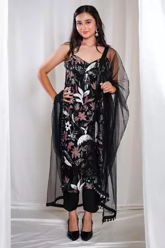 Floral black pants indo-western set