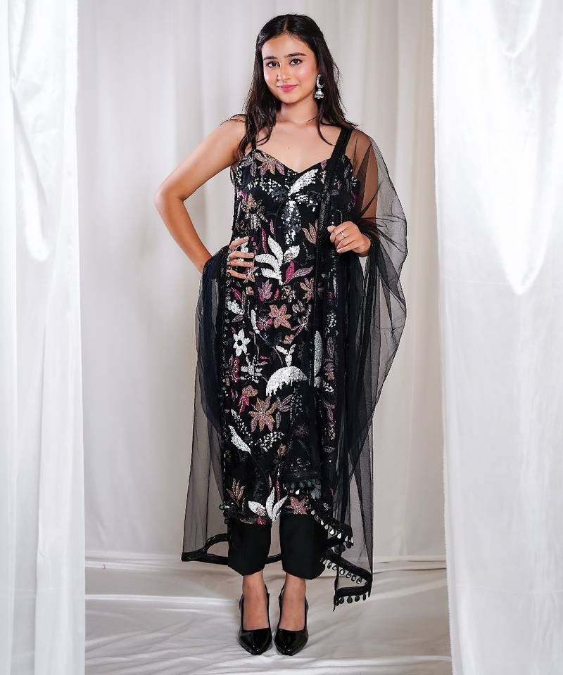 Floral black pants indo-western set