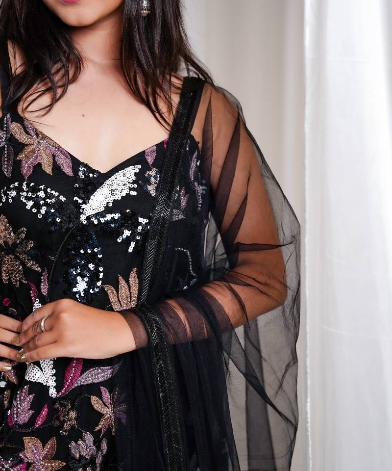 Floral black pants indo-western set