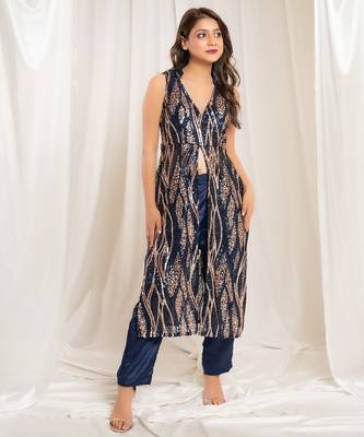 Celestial navy blue pants indo-western set 2