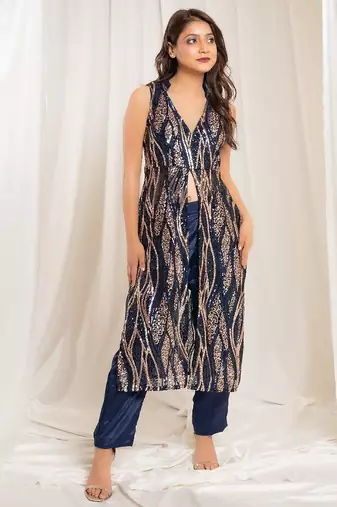 Celestial navy blue pants indo-western set