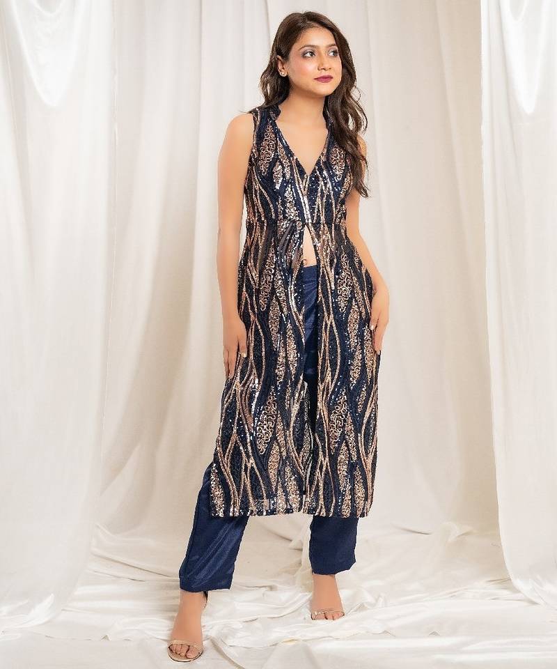Celestial navy blue pants indo-western set