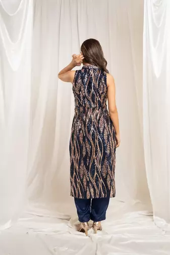 Celestial navy blue pants indo-western set