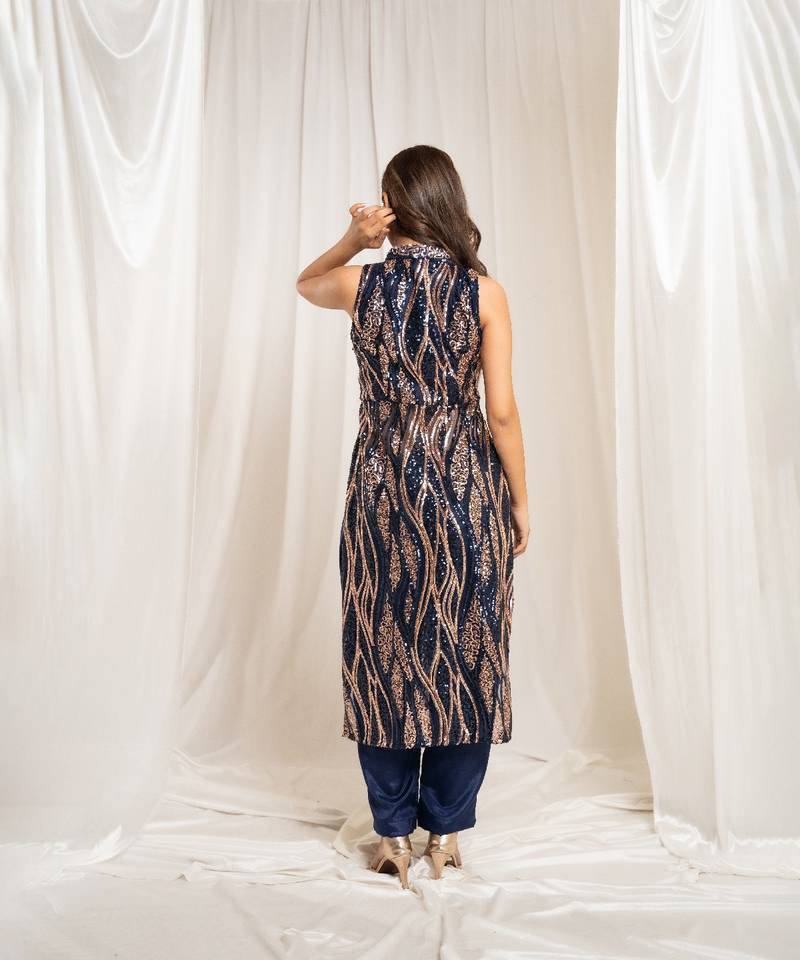 Celestial navy blue pants indo-western set