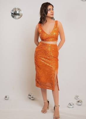 Orange sequin slit co-ord 3
