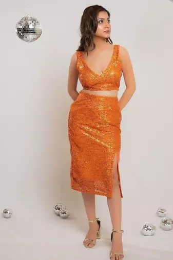 Orange sequin slit co-ord