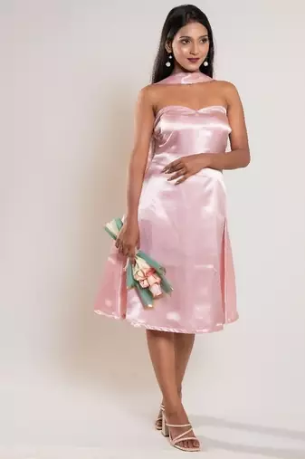 Pastel pink satin frock with stole