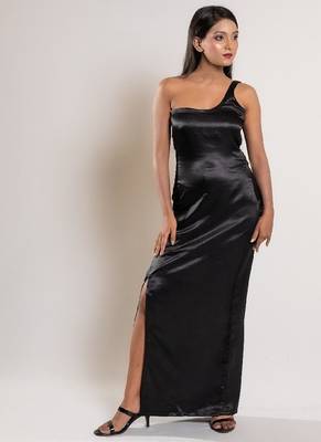 Black satin evening slit dress 1