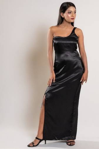 Black satin evening slit dress