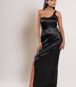 Black satin evening slit dress