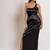 Black satin evening slit dress