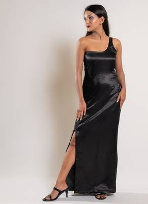Black satin evening slit dress 2