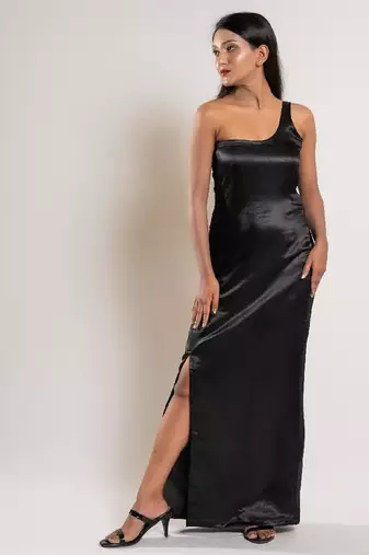 Black satin evening slit dress