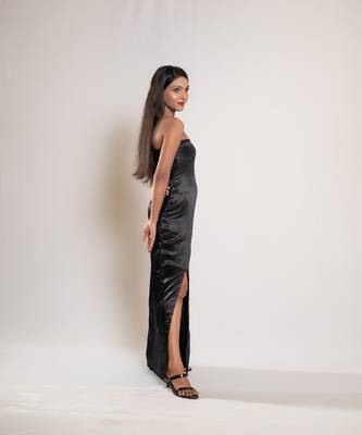 Black satin evening slit dress 3