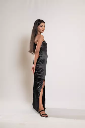 Black satin evening slit dress