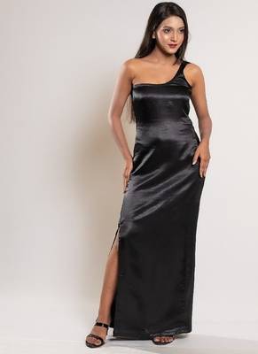 Black satin evening slit dress 4