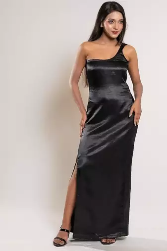 Black satin evening slit dress