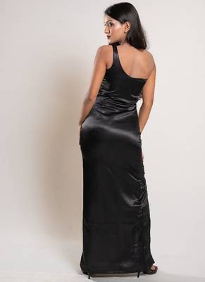 Black satin evening slit dress 5