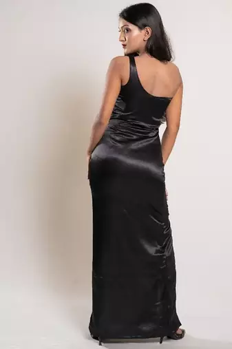 Black satin evening slit dress