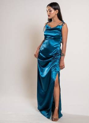 Teal blue satin dress 1