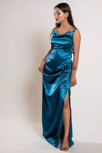 Teal blue satin dress