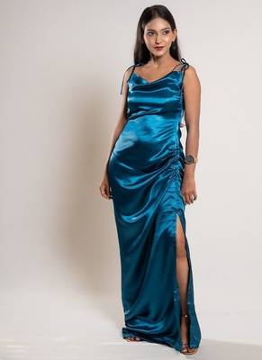 Teal blue satin dress 2