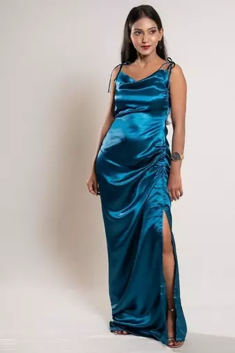 Teal blue satin dress
