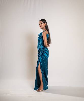 Teal blue satin dress 3