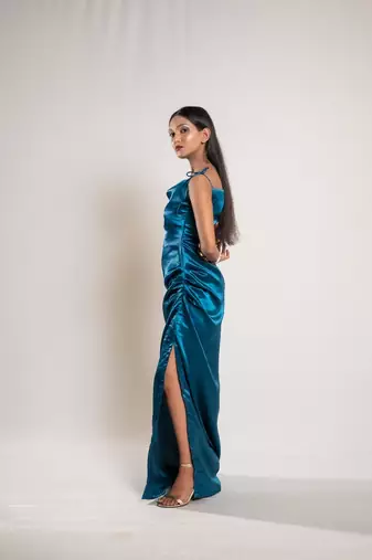 Teal blue satin dress