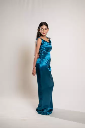 Teal blue satin dress