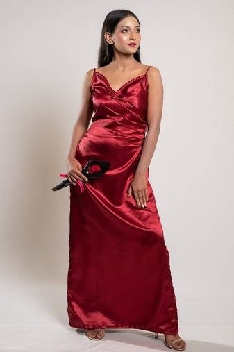 Red satin evening dress