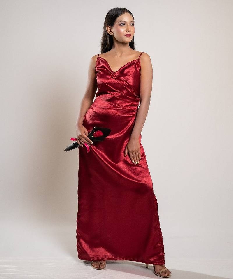 Red satin evening dress