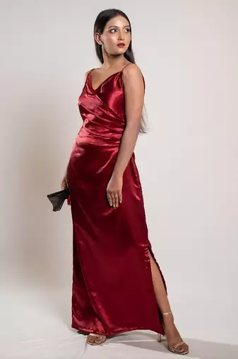 Red satin evening dress