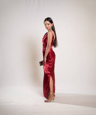 Red satin evening dress 3