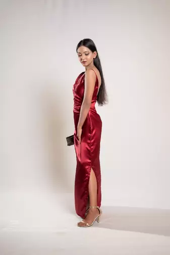 Red satin evening dress